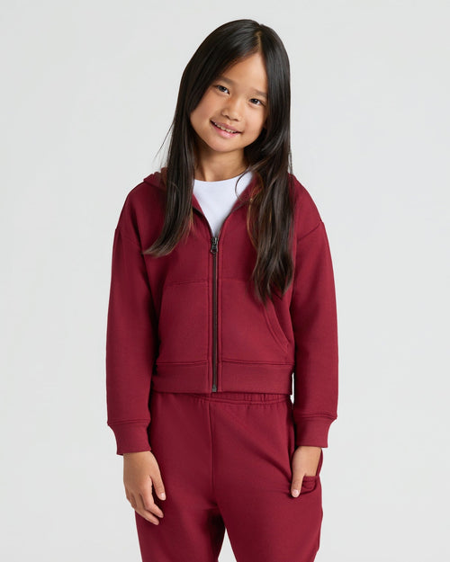 Girls Dark Maroon Cropped Zip Hoodie