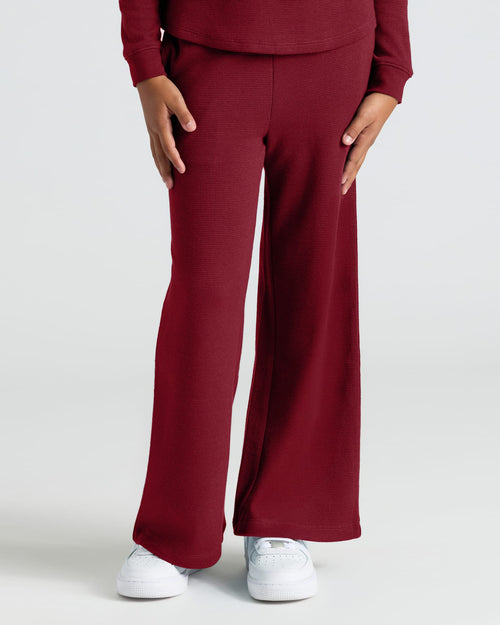 Girls Dark Maroon Waffle Wide Leg Pants