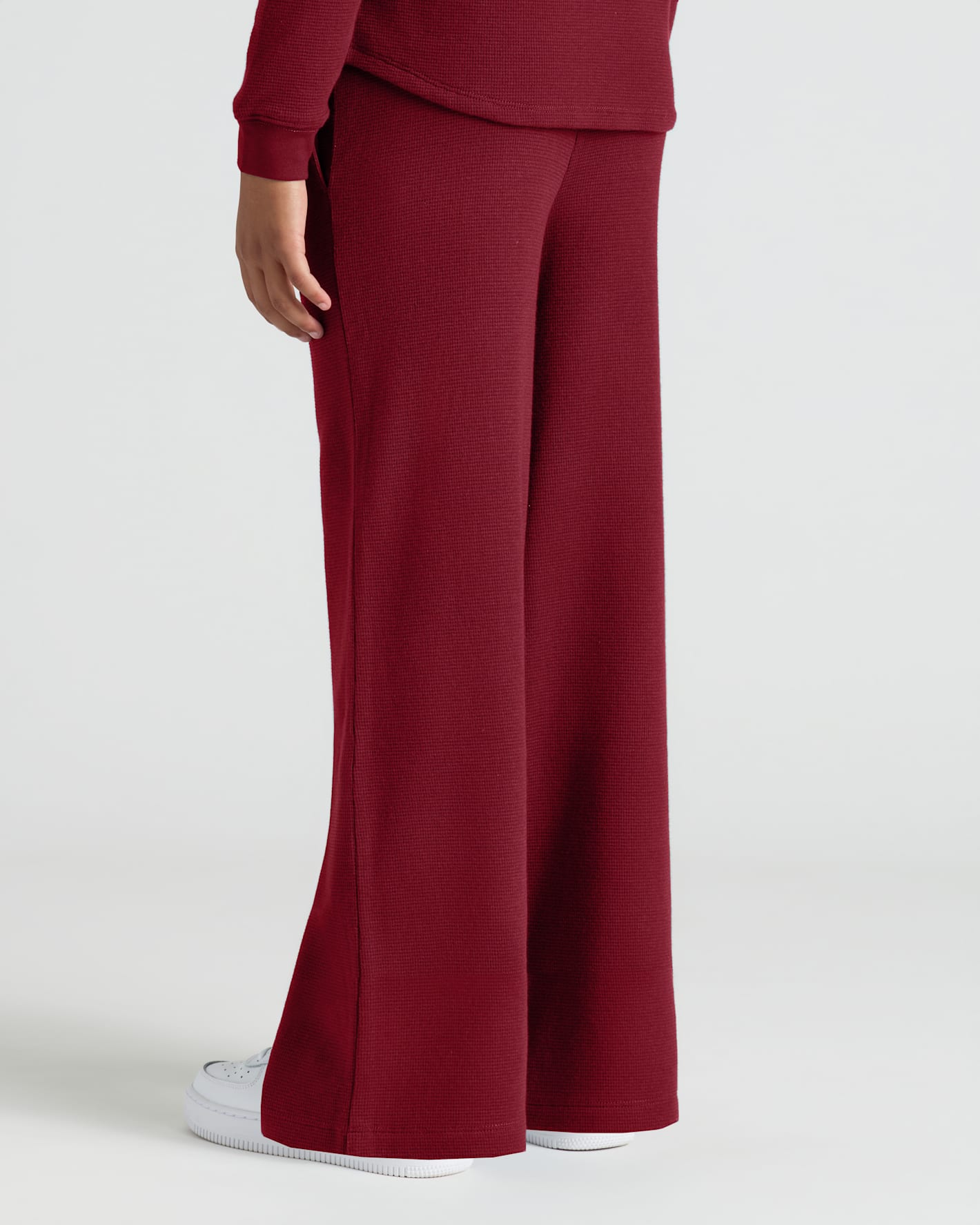 Girls Dark Maroon Waffle Wide Leg Pants