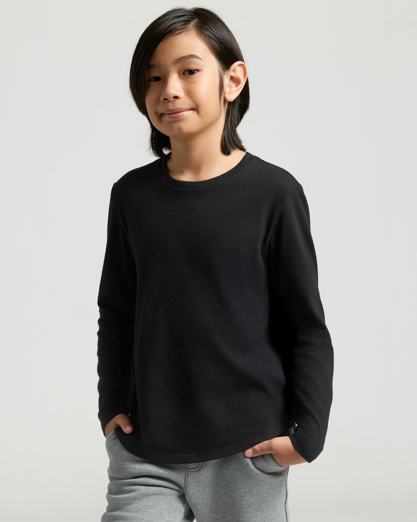 Boys' All Black Classic Long Sleeve Curved Hem Crew Neck 3-Pack