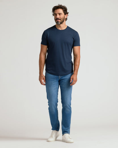Navy Pima Cotton Blend Curved Hem Crew