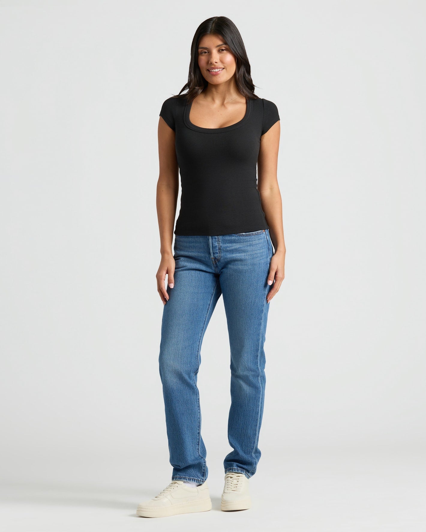 Womens Black Ribbed U-Neck Tee