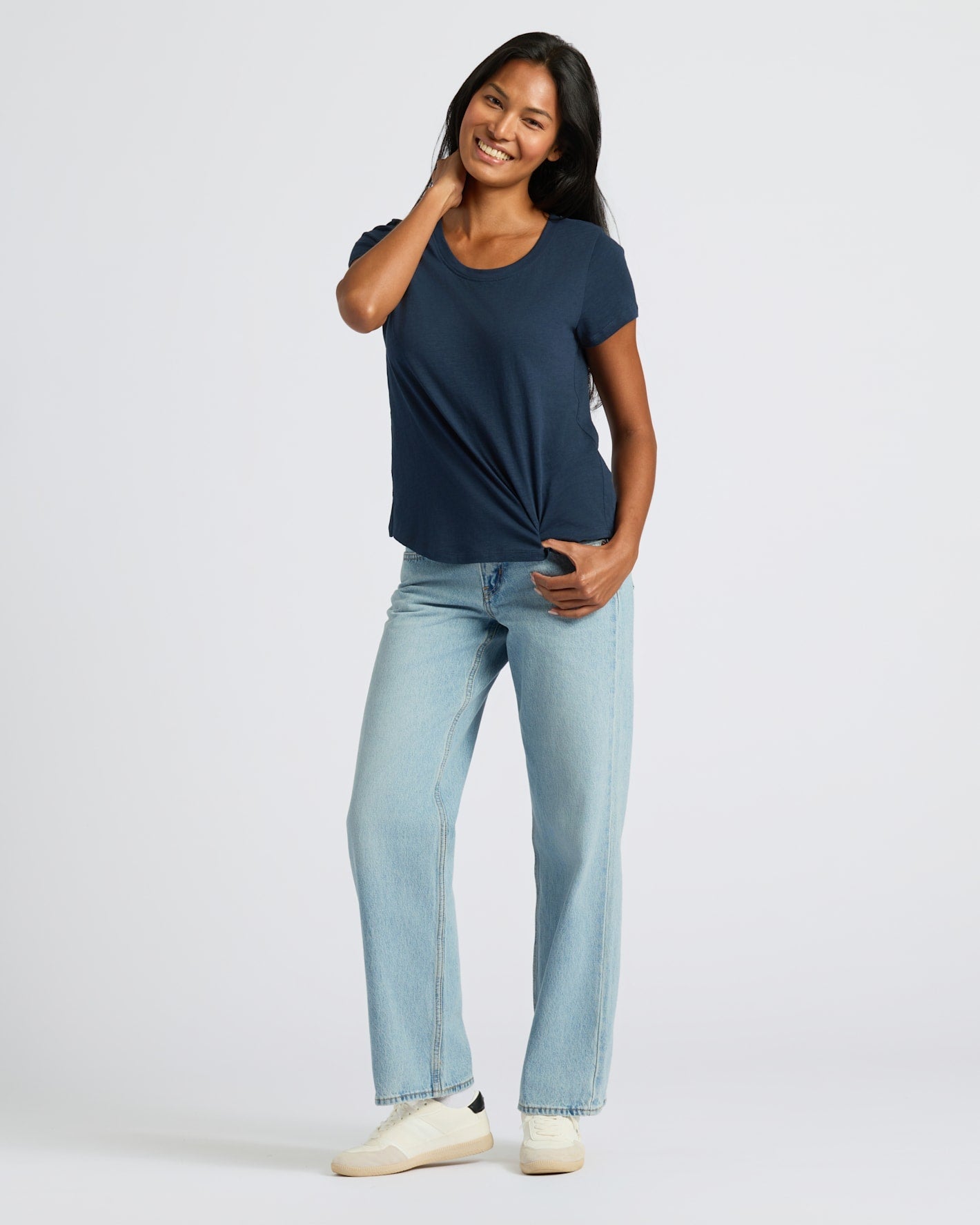 Womens White & Navy Slub Scoop Neck Tee 2-Pack