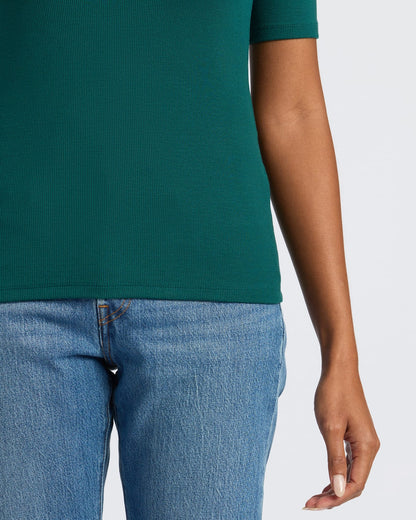 Womens Deep Emerald Ribbed 3/4 Sleeve Scoop Neck Tee