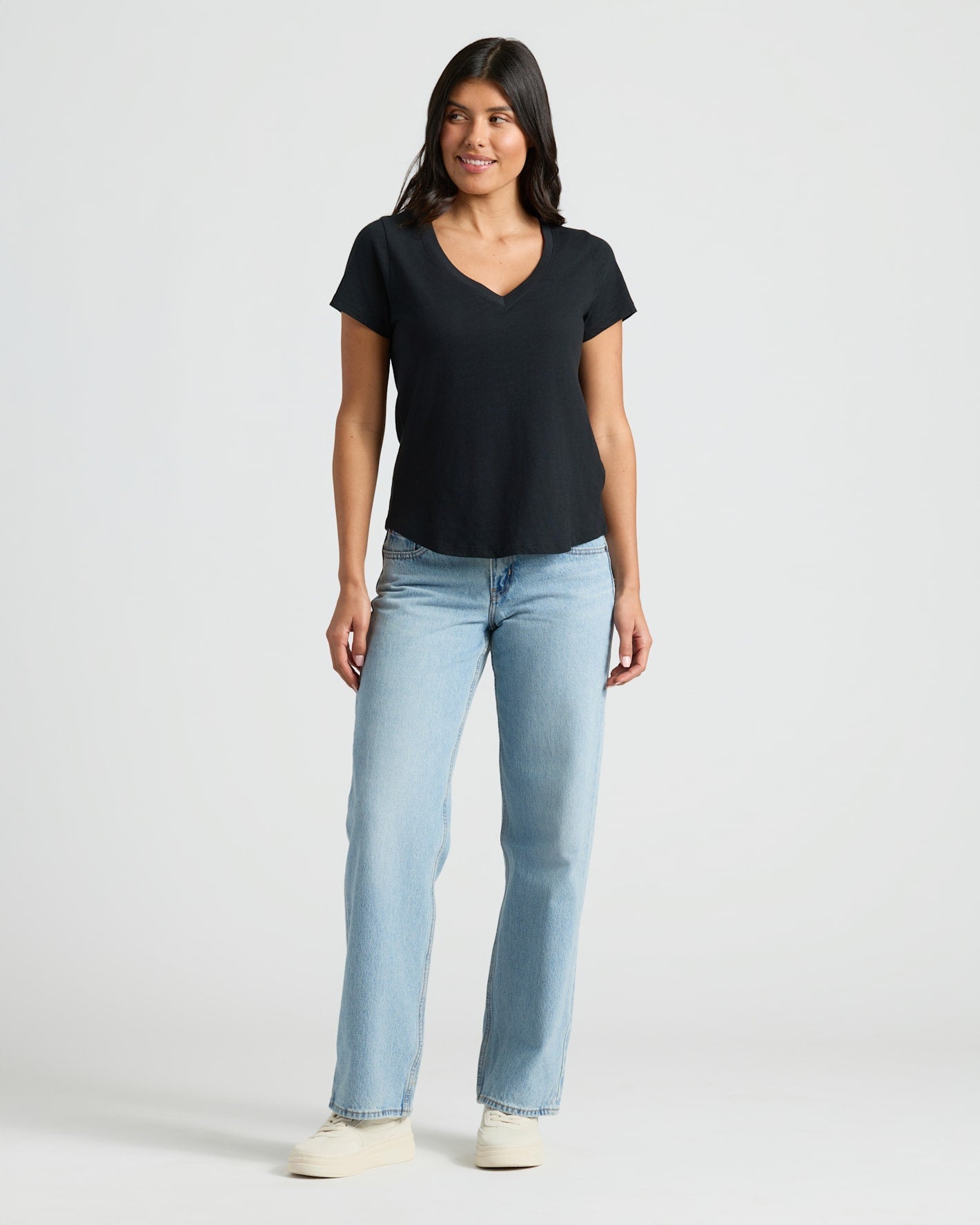 Womens Black & White Relaxed Slub V-Neck Tee 2-Pack