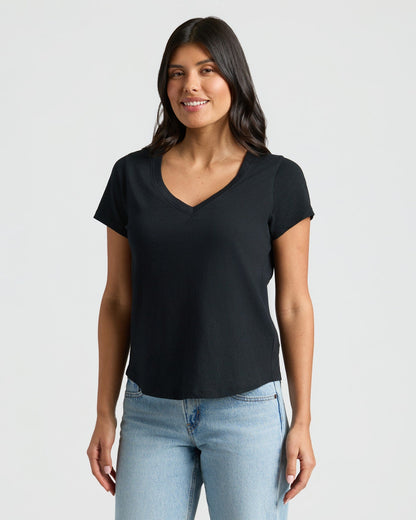 Womens Black Relaxed Slub V-Neck Tee 2-Pack