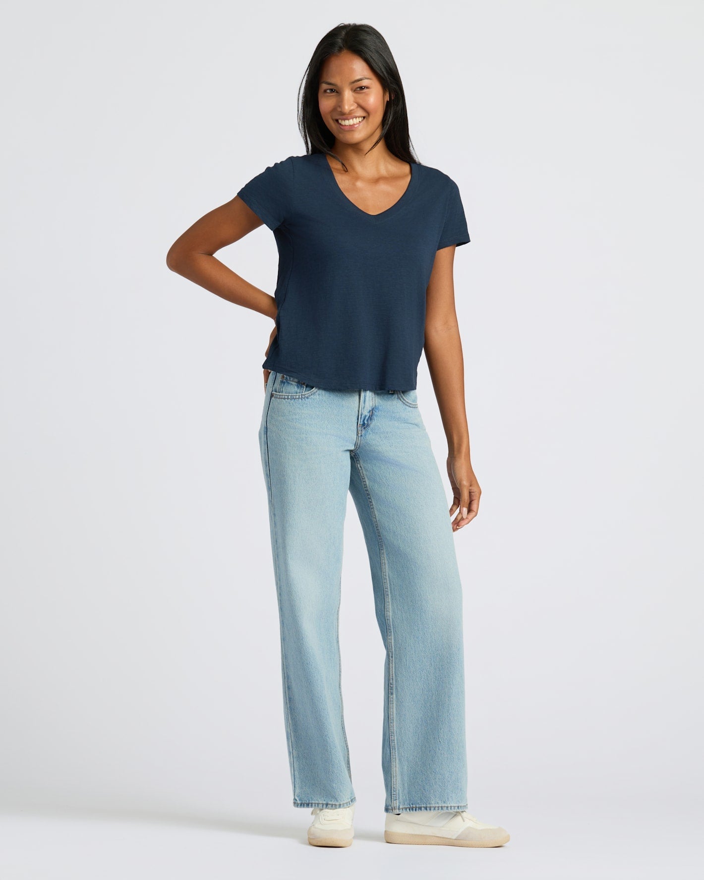 Womens Navy Relaxed Slub V-Neck Tee