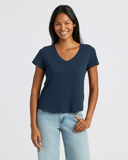 Womens Navy & White Relaxed Slub V-Neck Tee 4-Pack