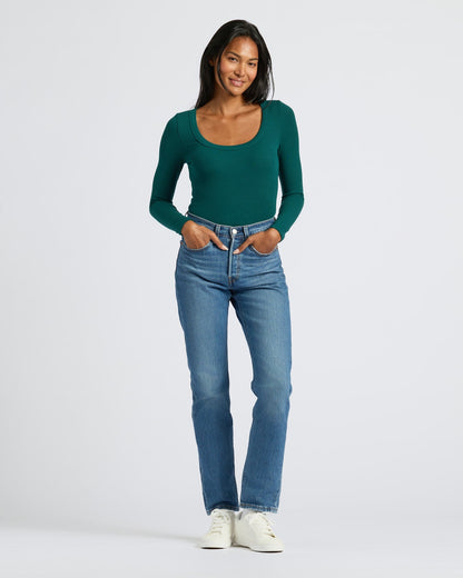 Womens Deep Emerald Ribbed Long Sleeve Scoop Neck Tee