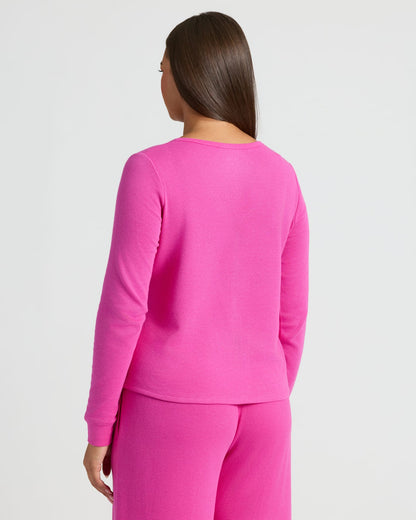 Womens Electric Fuchsia Waffle Long Sleeve Boxy Henley