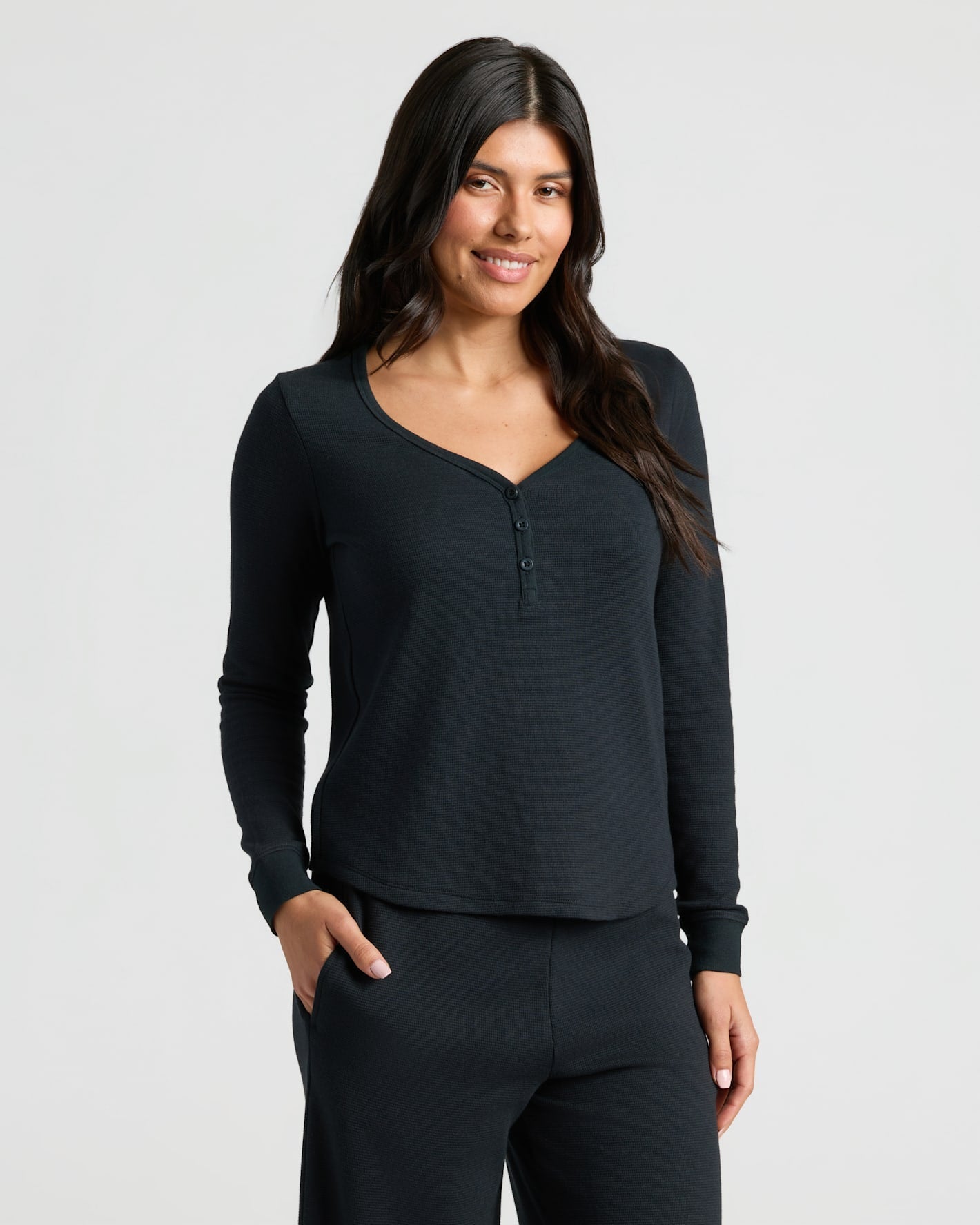Womens Black Waffle Long Sleeve Henley & Waffle Leg Pant 2-Pack