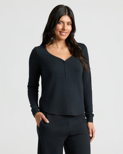 Womens Black Waffle Long Sleeve Henley & Waffle Leg Pant 2-Pack