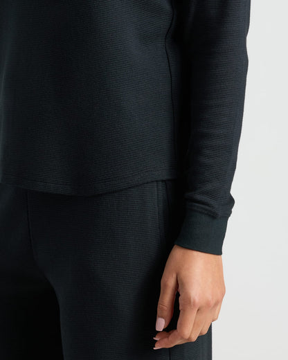 Womens Black Waffle Long Sleeve Boxy Henley