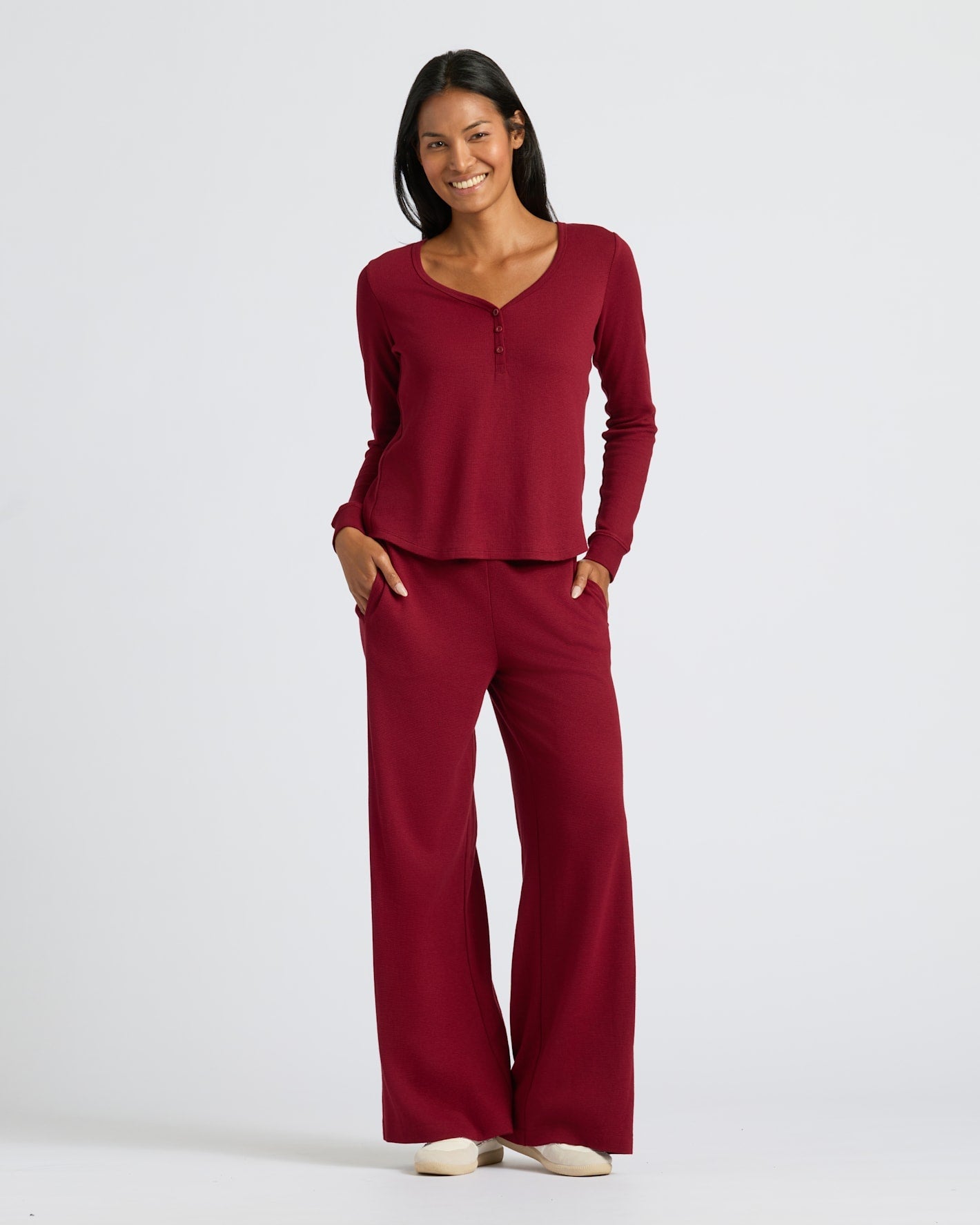 Womens Dark Maroon Waffle Long Sleeve Boxy Henley