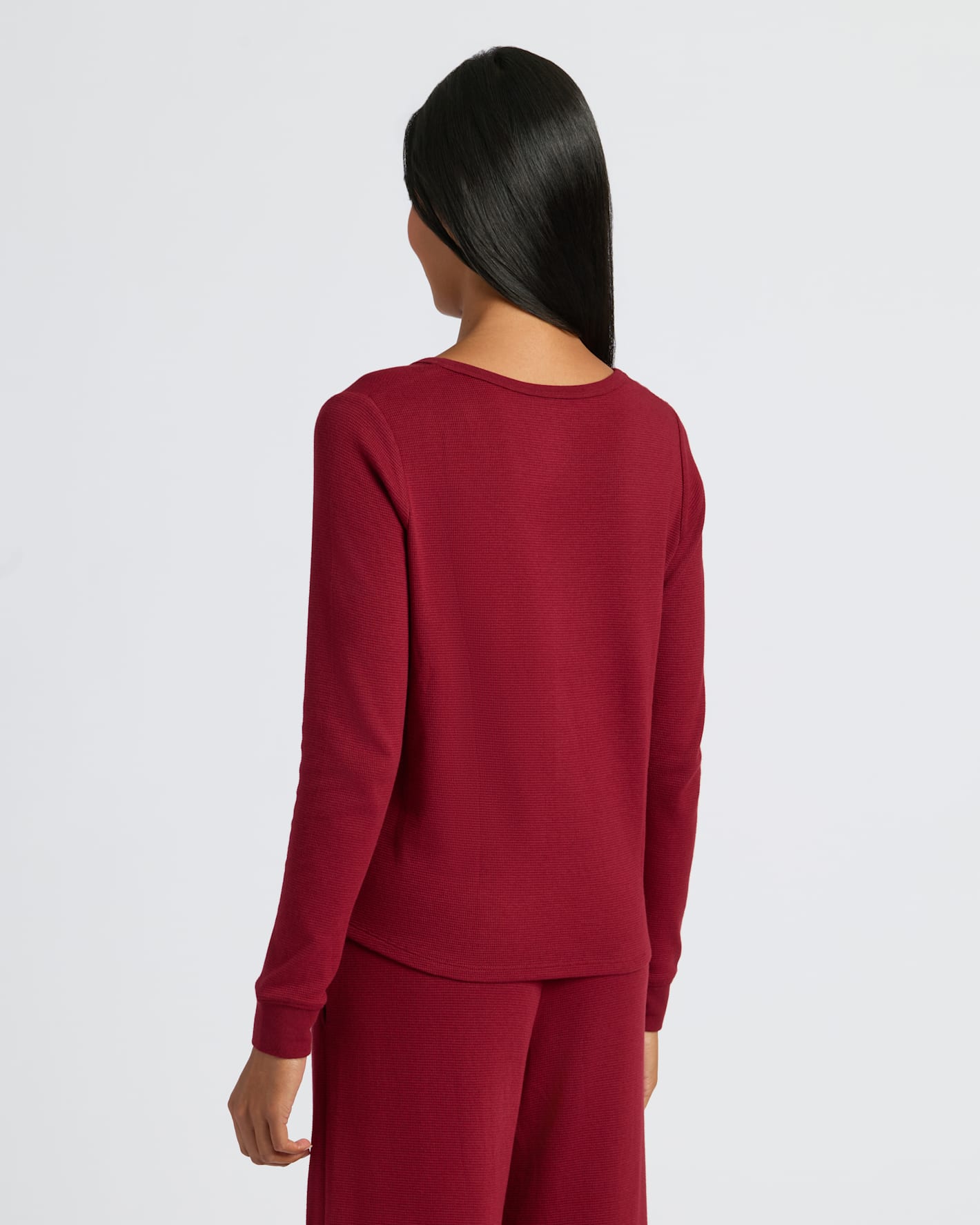 Womens Dark Maroon Waffle Long Sleeve Henley & Waffle Leg Pant 2-Pack