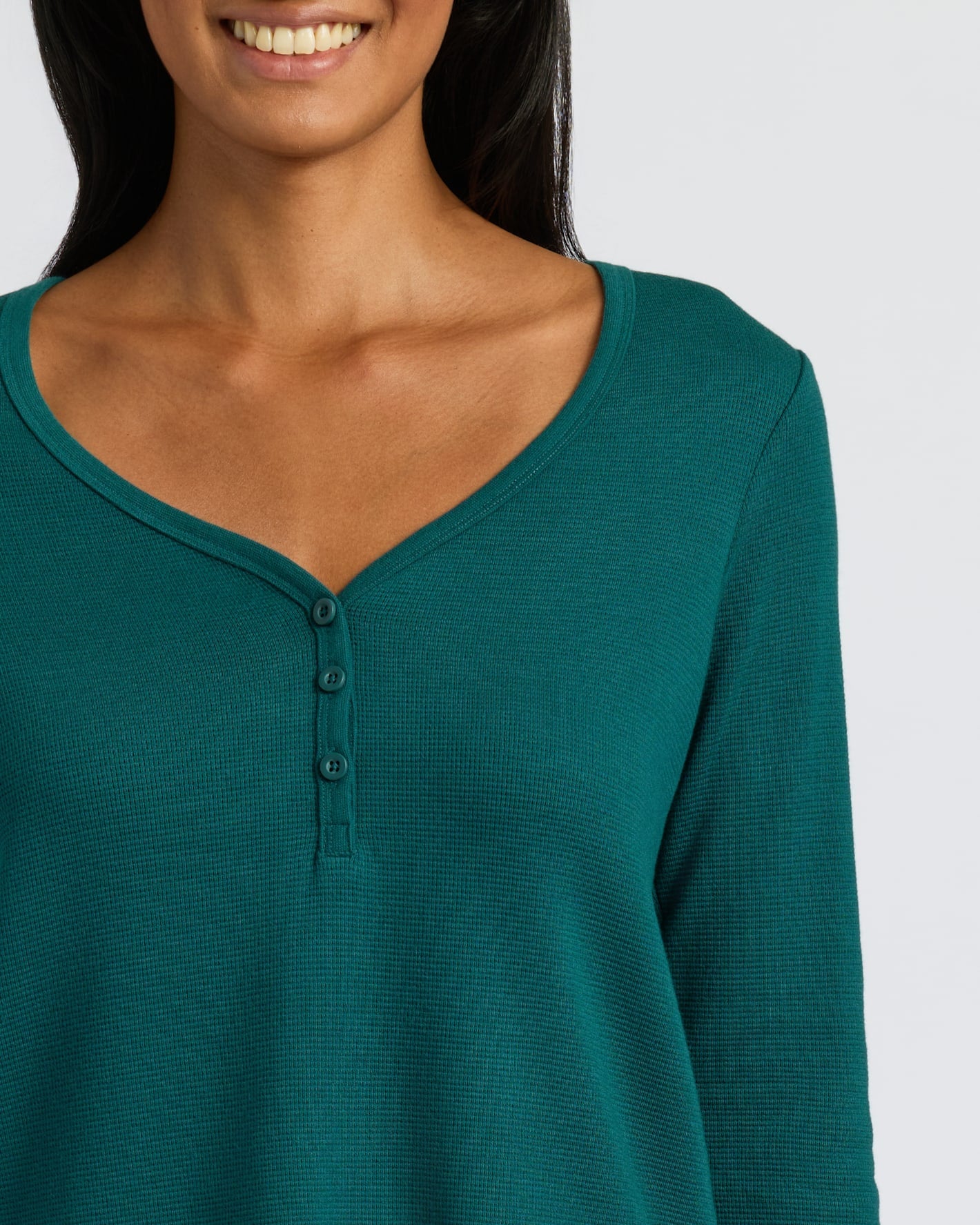 Womens Deep Emerald Waffle Long Sleeve Henley & Waffle Leg Pant 2-Pack