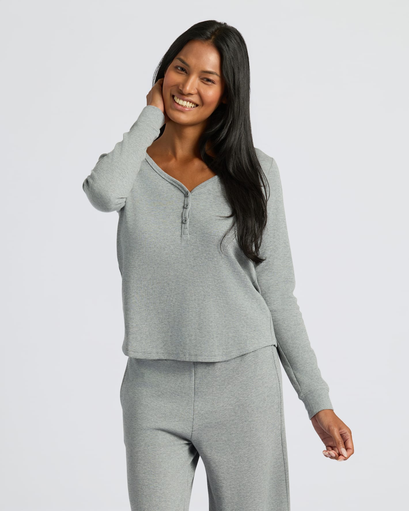 Womens Heather Gray Waffle Long Sleeve Boxy Henley