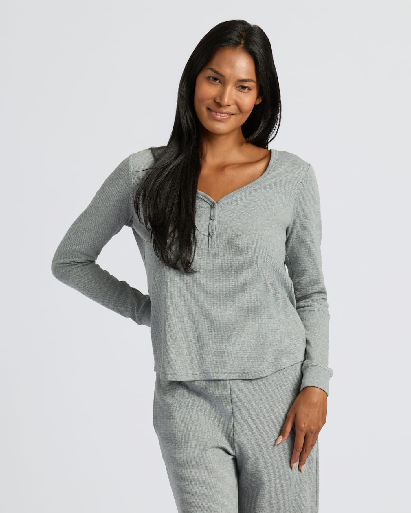 Womens Heather Gray Waffle Long Sleeve Boxy Henley