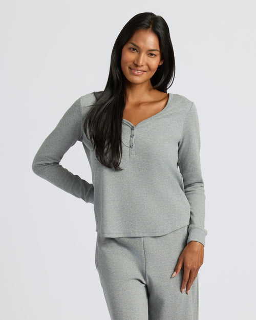 Womens Heather Gray Waffle Long Sleeve Boxy Henley