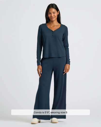 Womens Navy Waffle Long Sleeve Henley & Waffle Leg Pant 2-Pack