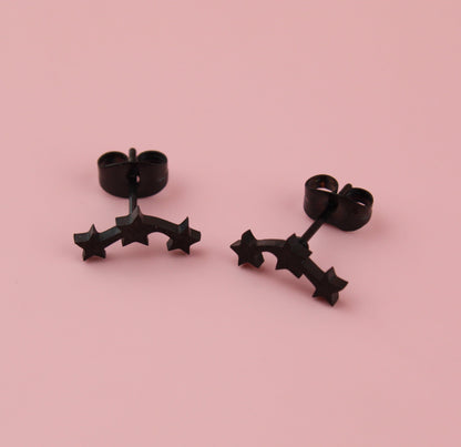 Triple Curved Star Stud Earrings (Black)