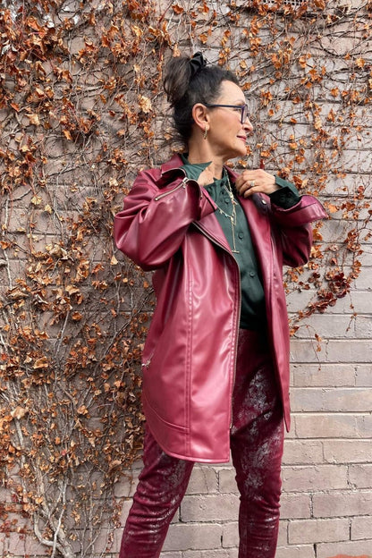 Burgundy Vegan Leather Biker Jacket - SALE