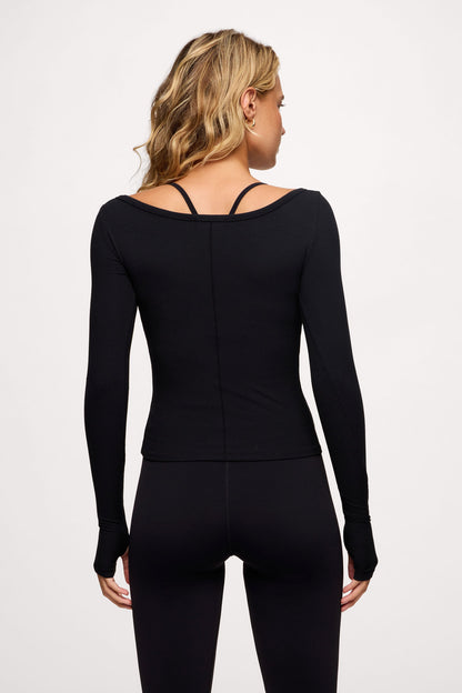 Sporty Rib Portrait Long Sleeve Top | Black