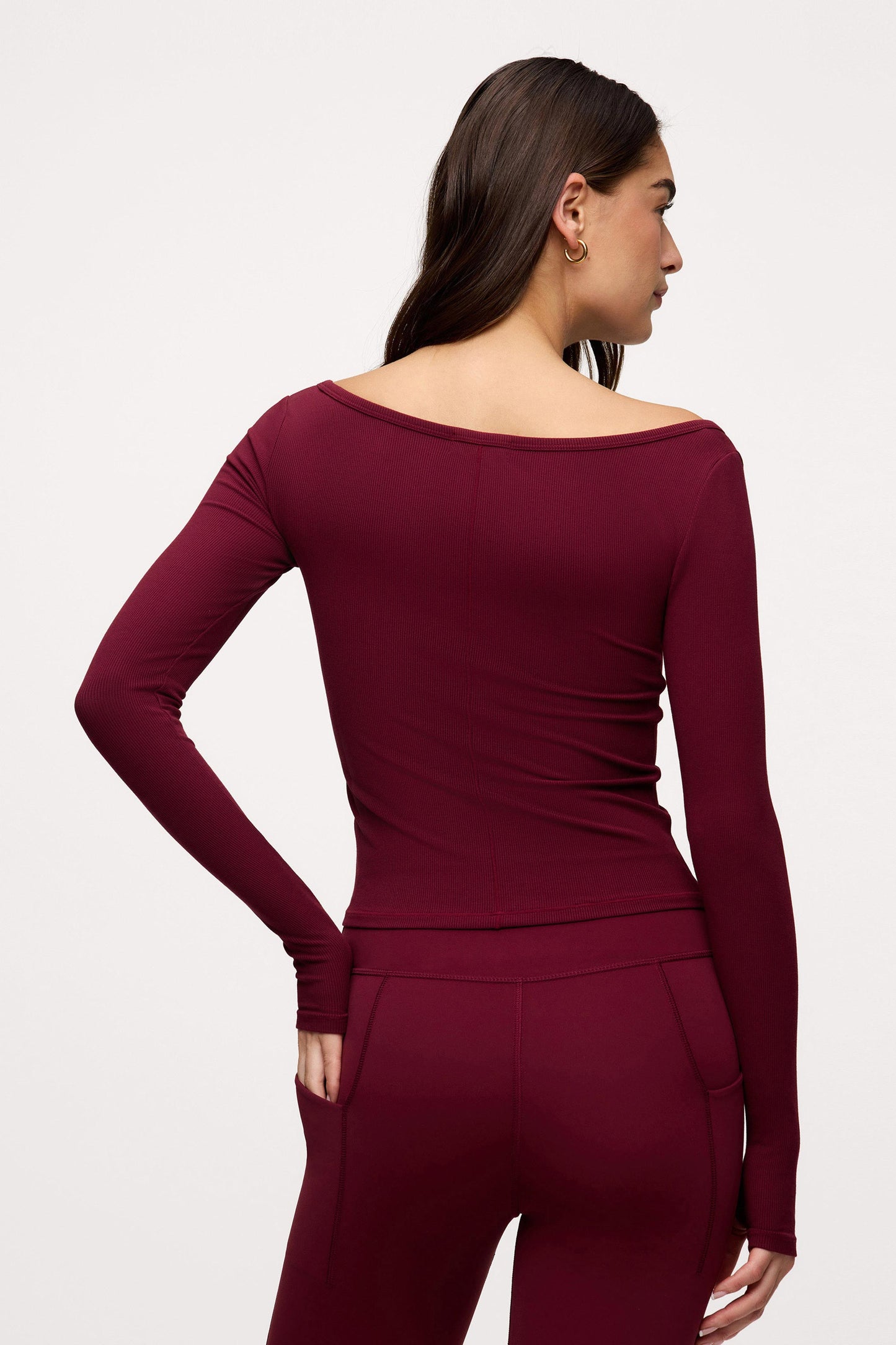 Sporty Rib Portrait Long Sleeve Top | Ruby