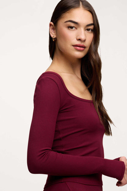 Sporty Rib Portrait Long Sleeve Top | Ruby