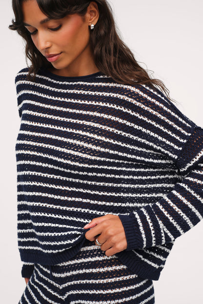 Cotton Crochet Sweater | Navy Stripe