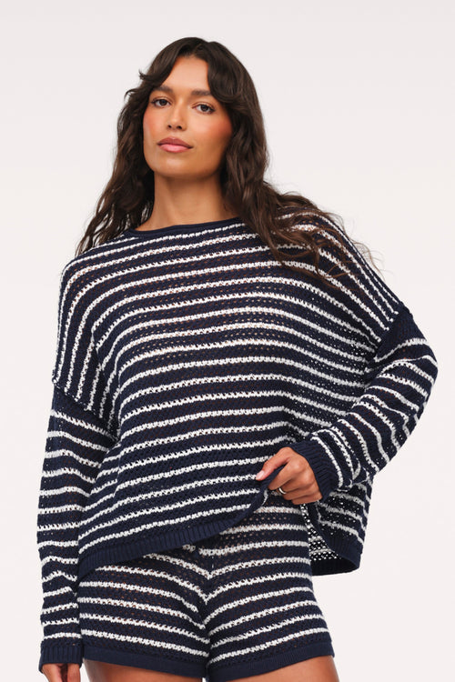 Cotton Crochet Sweater | Navy Stripe