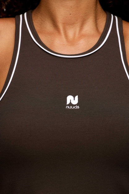 Sporty Rib Piped Racer Tank | Espresso