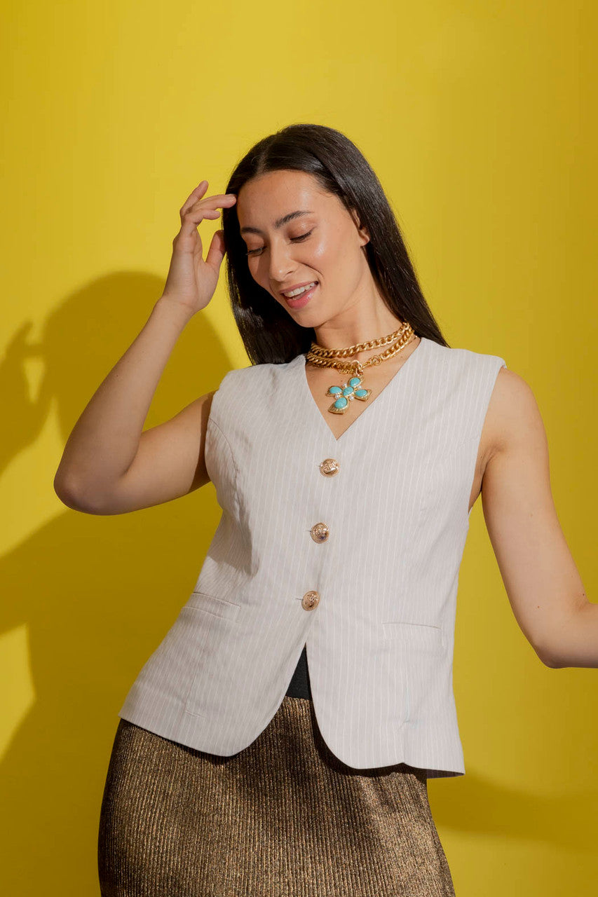 Beige Stripe Tailored Vest Beige Stripe