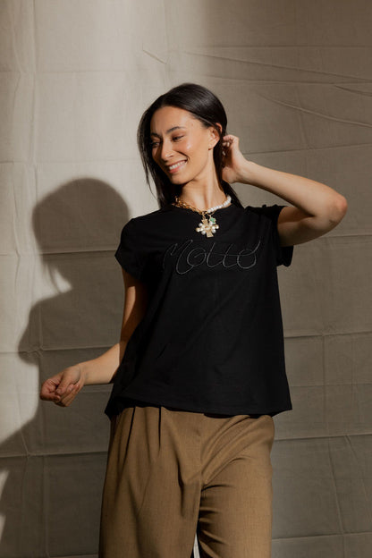 Black Motto Embroidered T Shirt