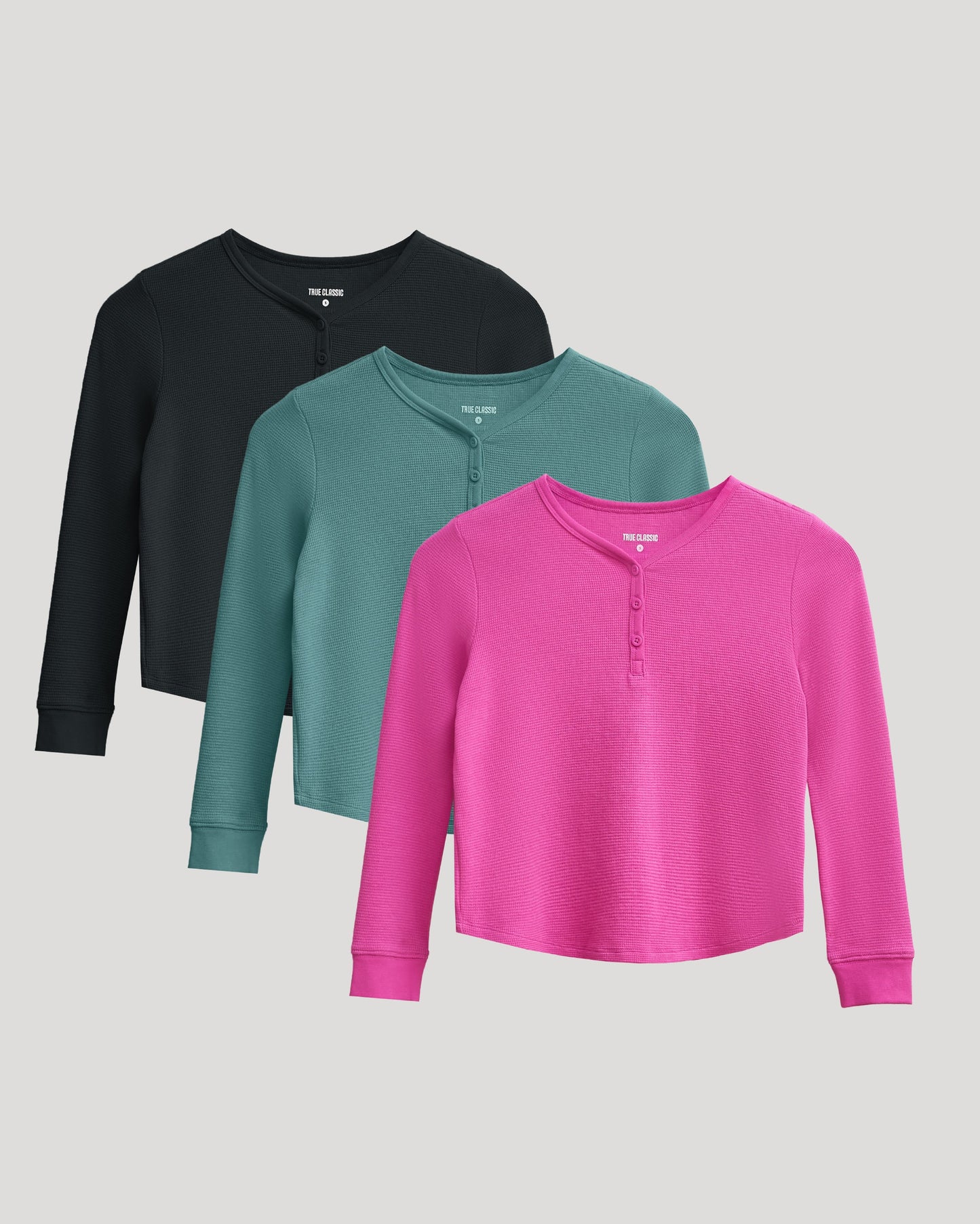 Girls Long Sleeve Boxy Waffle Henley 3-Pack