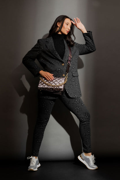 Charcoal Floral High Waist Zip Pant