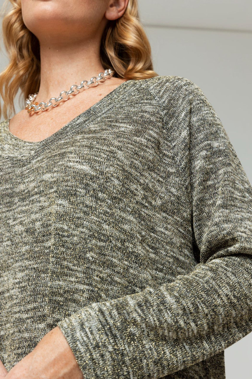 Black Gold Sparkle V Neck Top Jumper - Sale