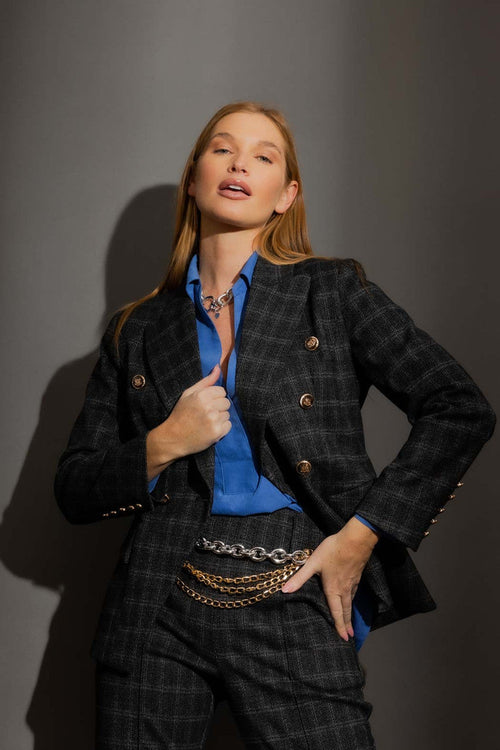Charcoal Check Sisca Belt Blazer Charcoal Check