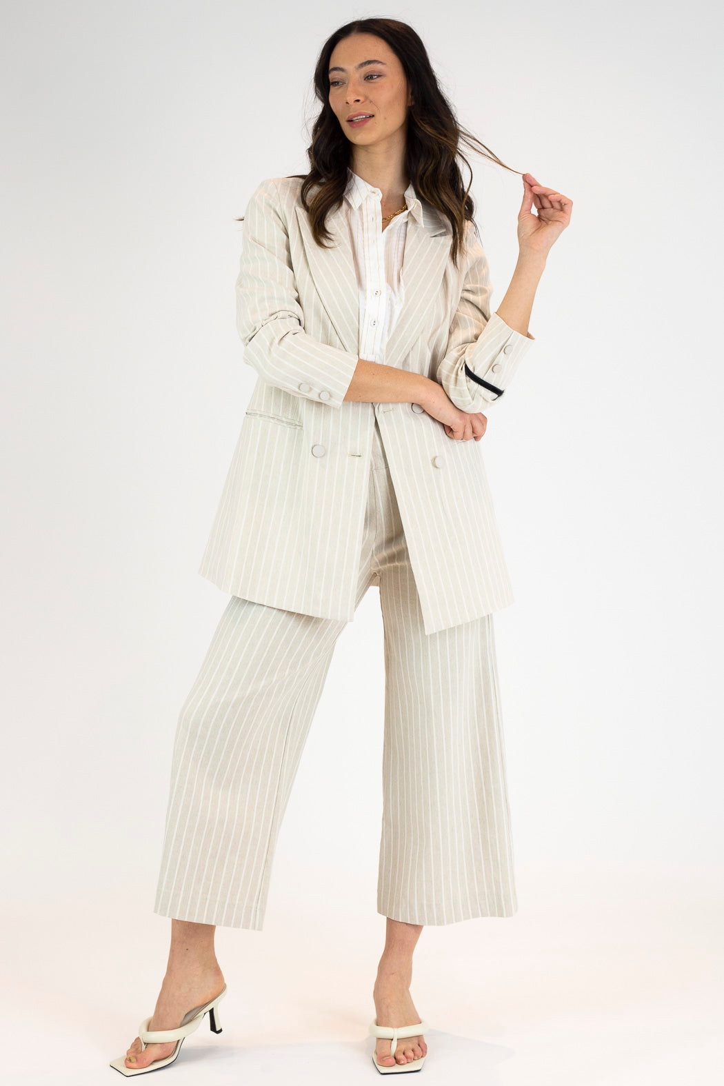 Beige And White Stripe Bengaline Blazer - Sale