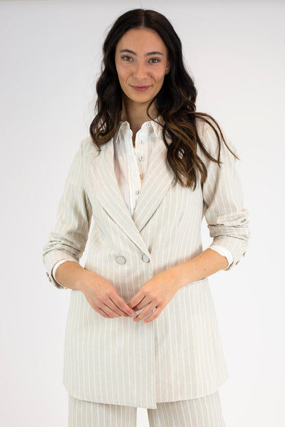 Beige And White Stripe Bengaline Blazer - Sale