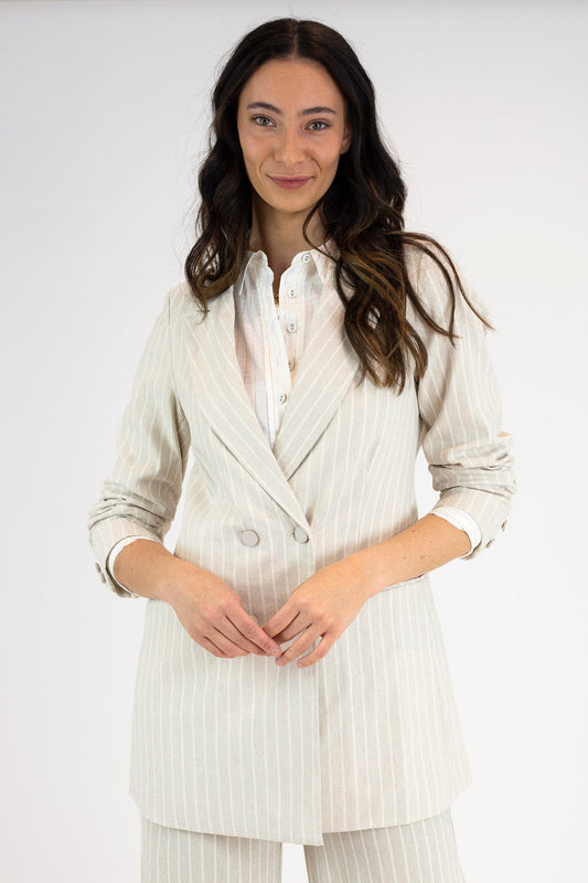 Beige And White Stripe Bengaline Blazer - Sale