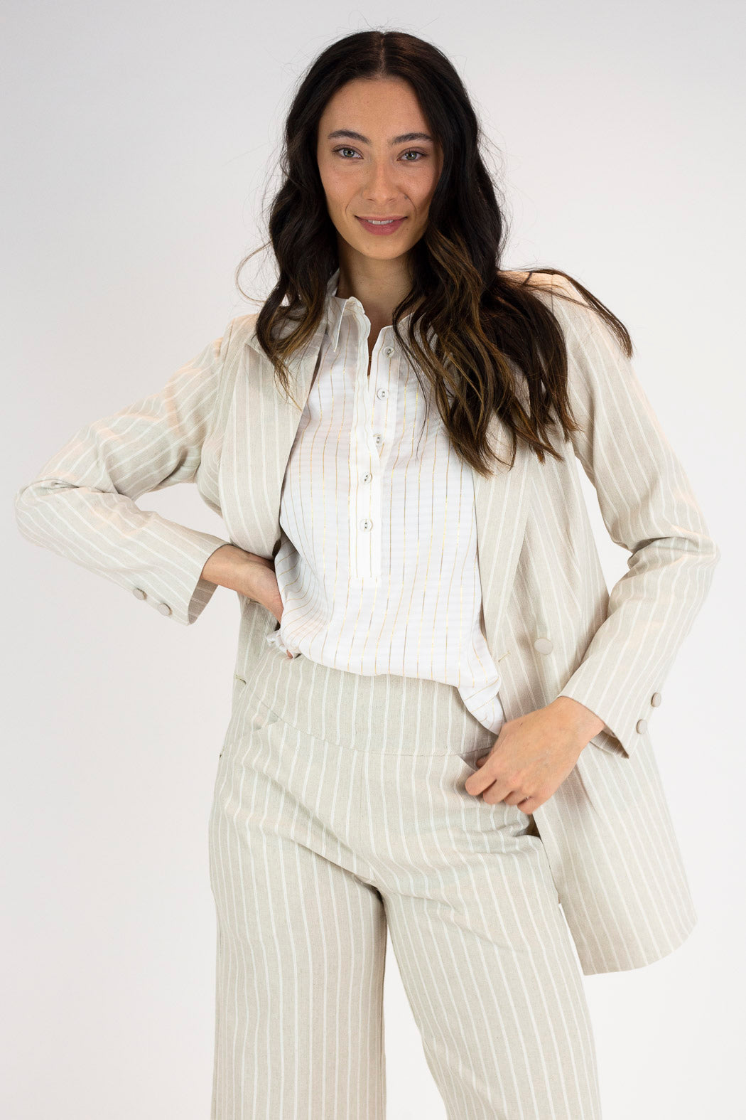 Beige And White Stripe Bengaline Blazer - Sale