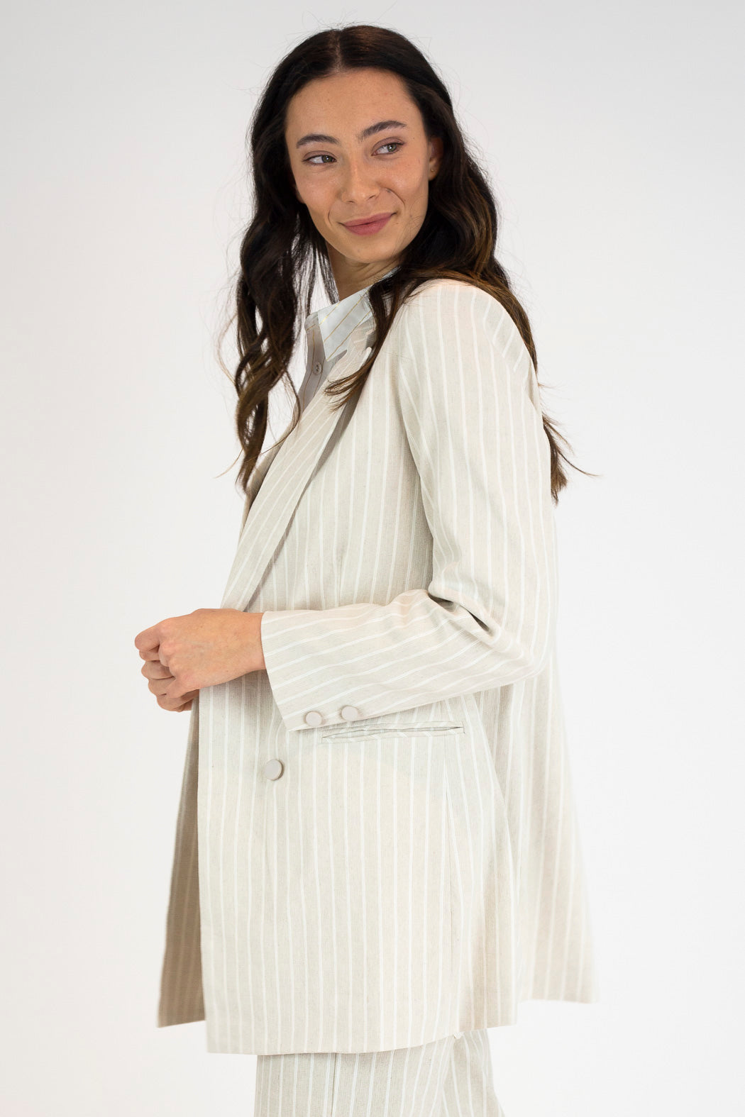 Beige And White Stripe Bengaline Blazer - Sale