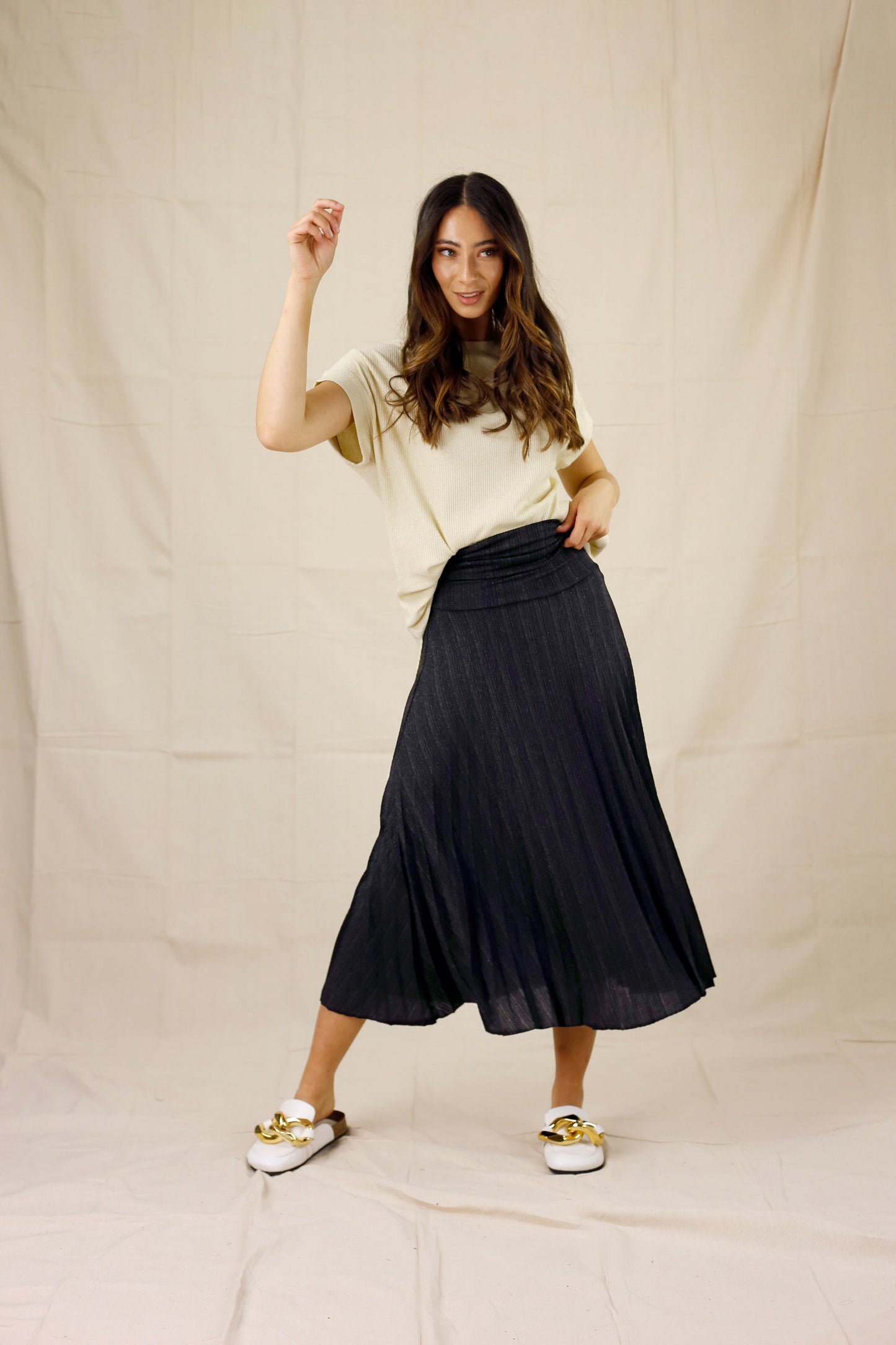 Black Lurex Pleat Skirt - SALE