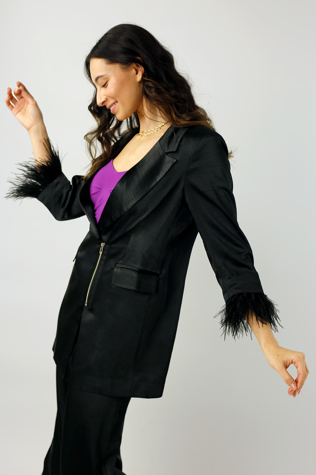 Black Satin Feather Blazer - SALE