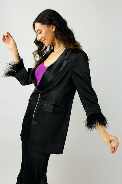 Black Satin Feather Blazer - SALE