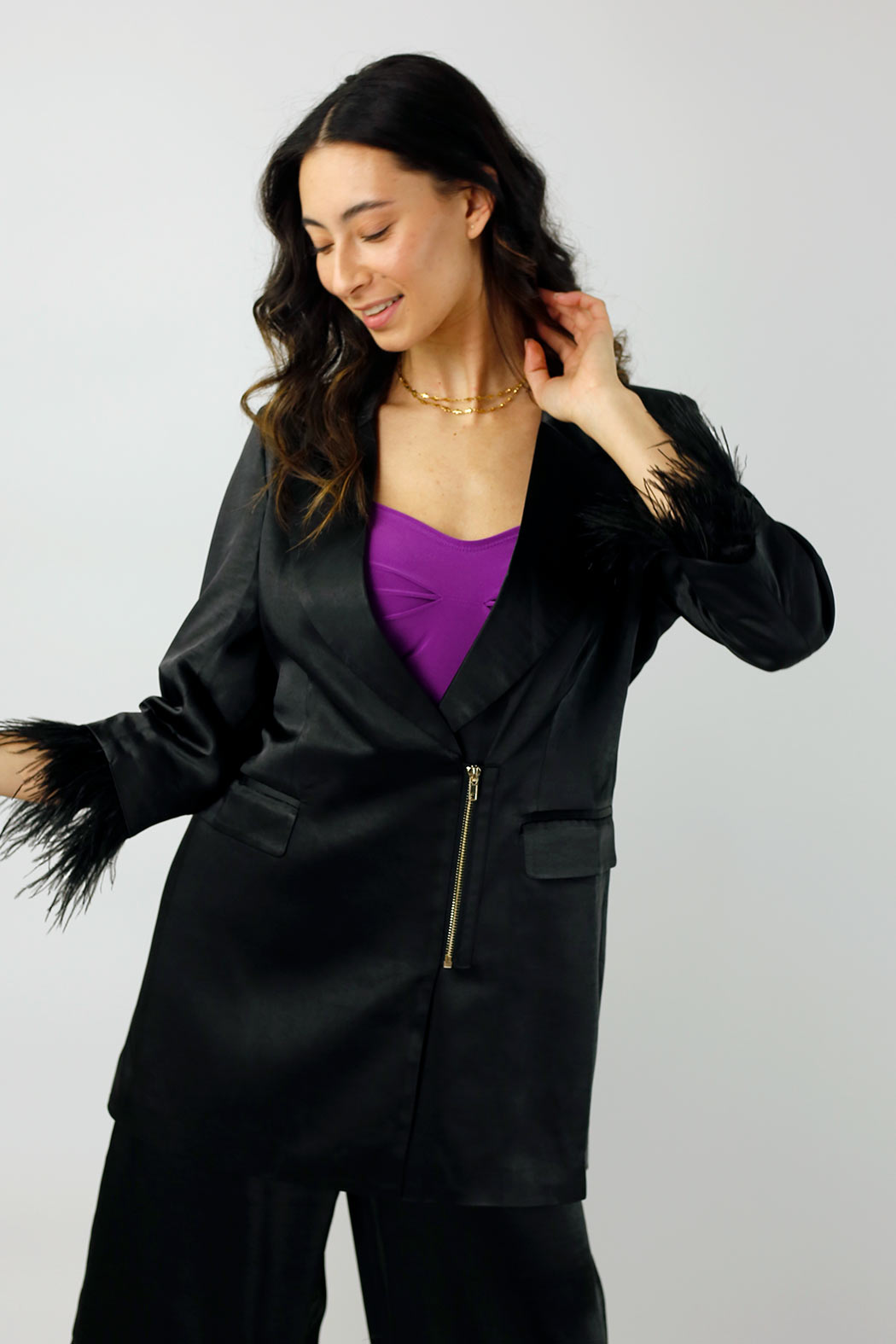 Black Satin Feather Blazer - SALE