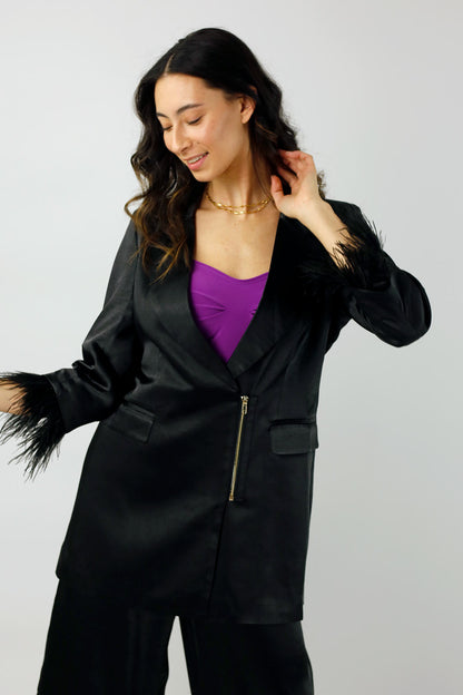 Black Satin Feather Blazer - SALE