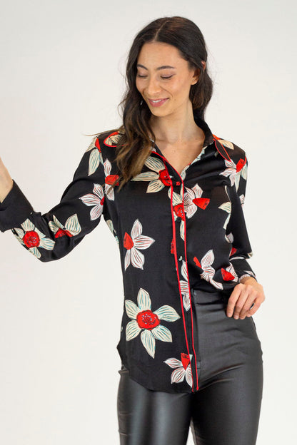 Black And Red Silky Piping Shirt - Final Sale