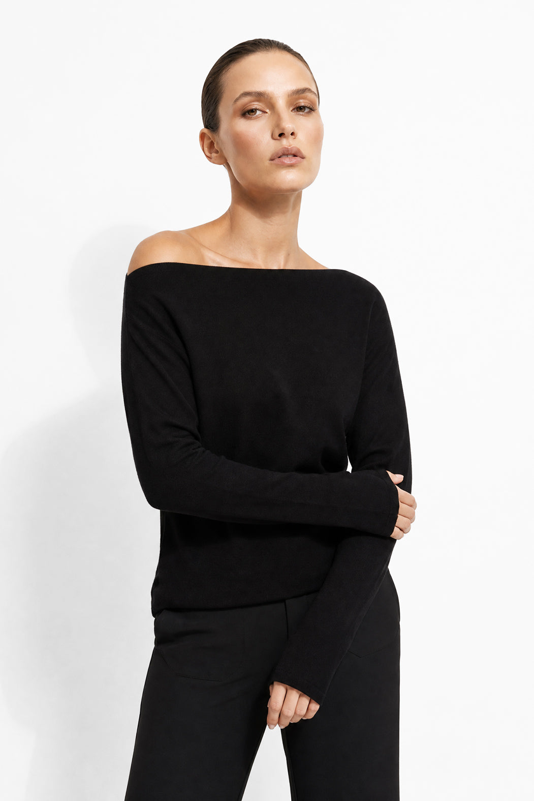 Black Fine Knit Boat Neck Top